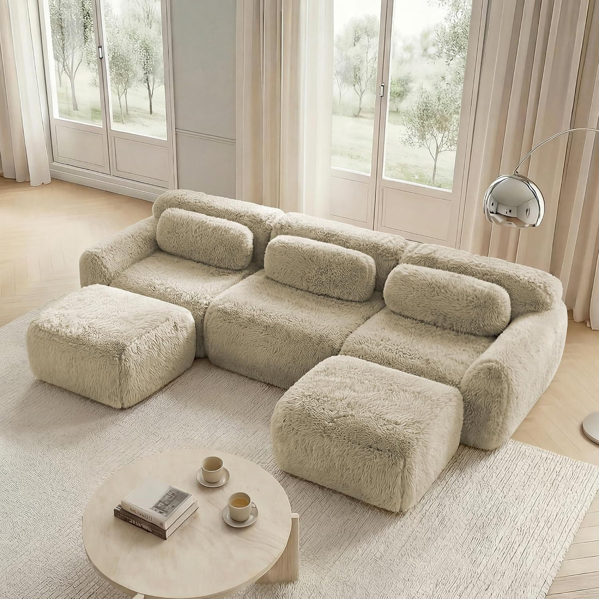 Sofá modular en forma de U, tela de felpa, sin montaje, base antideslizante, con cojín, soporte ergonómico, espuma de alta elasticidad, adecuado para sala de estar, dormitorio (caqui claro)