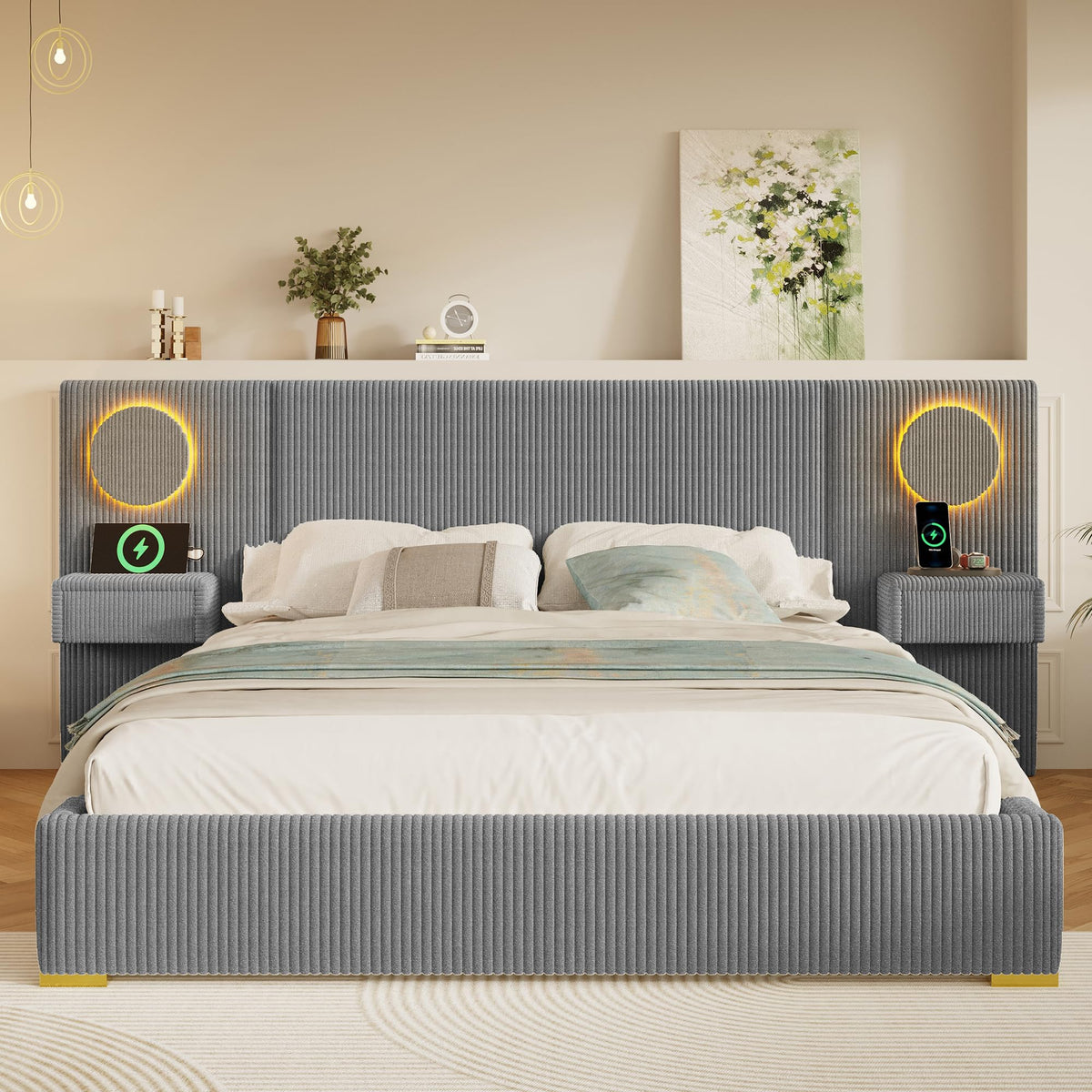 Moimhear Cama tapizada de terciopelo, cabecero LED, conectores USB, almacenamiento hidráulico