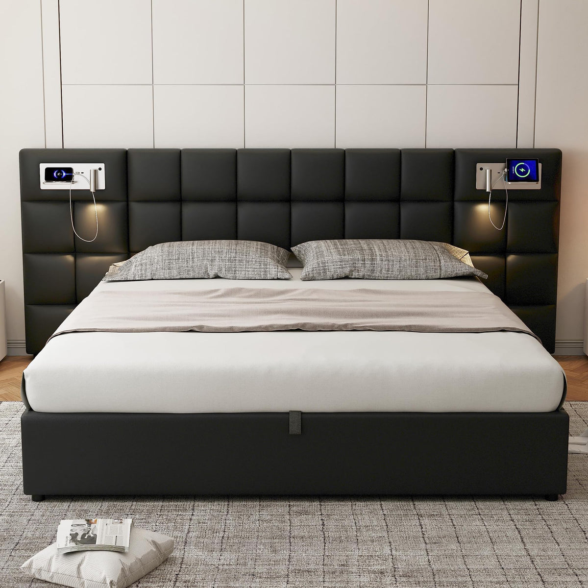 Cama 180x200 cm Camas Matrimoniales con LED y Lámpara de Noche, Cama Doble Tapizada con USB y Cabecero Ancho, Almacenaje Hidráulico, Soporte de Lamas de Madera, Terciopelo, Sin Colchón, Gris