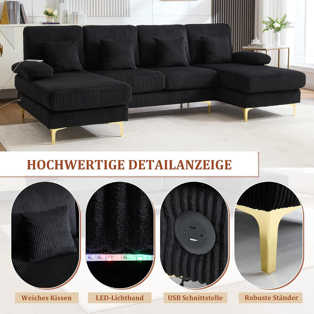 Lubvtti Sofá Moderno en U con iluminación Ambiental LED y Puerto USB+Type-C,sofá 4 plazas con 4 Cojines de Lujo y Respaldo ergonómico, sofá cheslong 4 plazas,Terciopelo,Negro