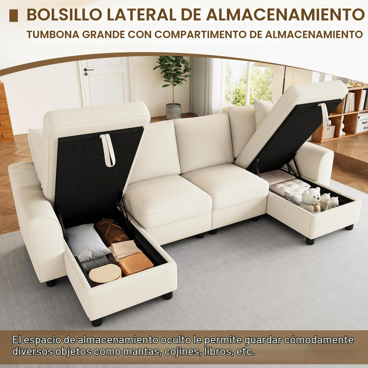 Sofá moderno de chenilla en forma de U con chaise longue, sofá esquinero de 4 plazas con espacio de almacenamiento, puerto USB y tipo C, modular, con soporte para bebidas y cojines suaves