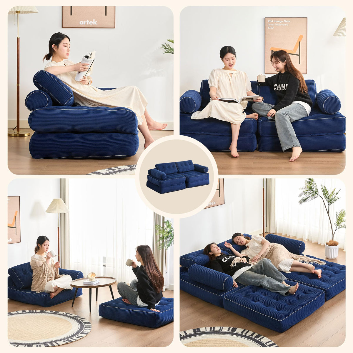 Sofá Convertible 4 en 1, Sofá Cama 1 Plaza, Pana, Negro
