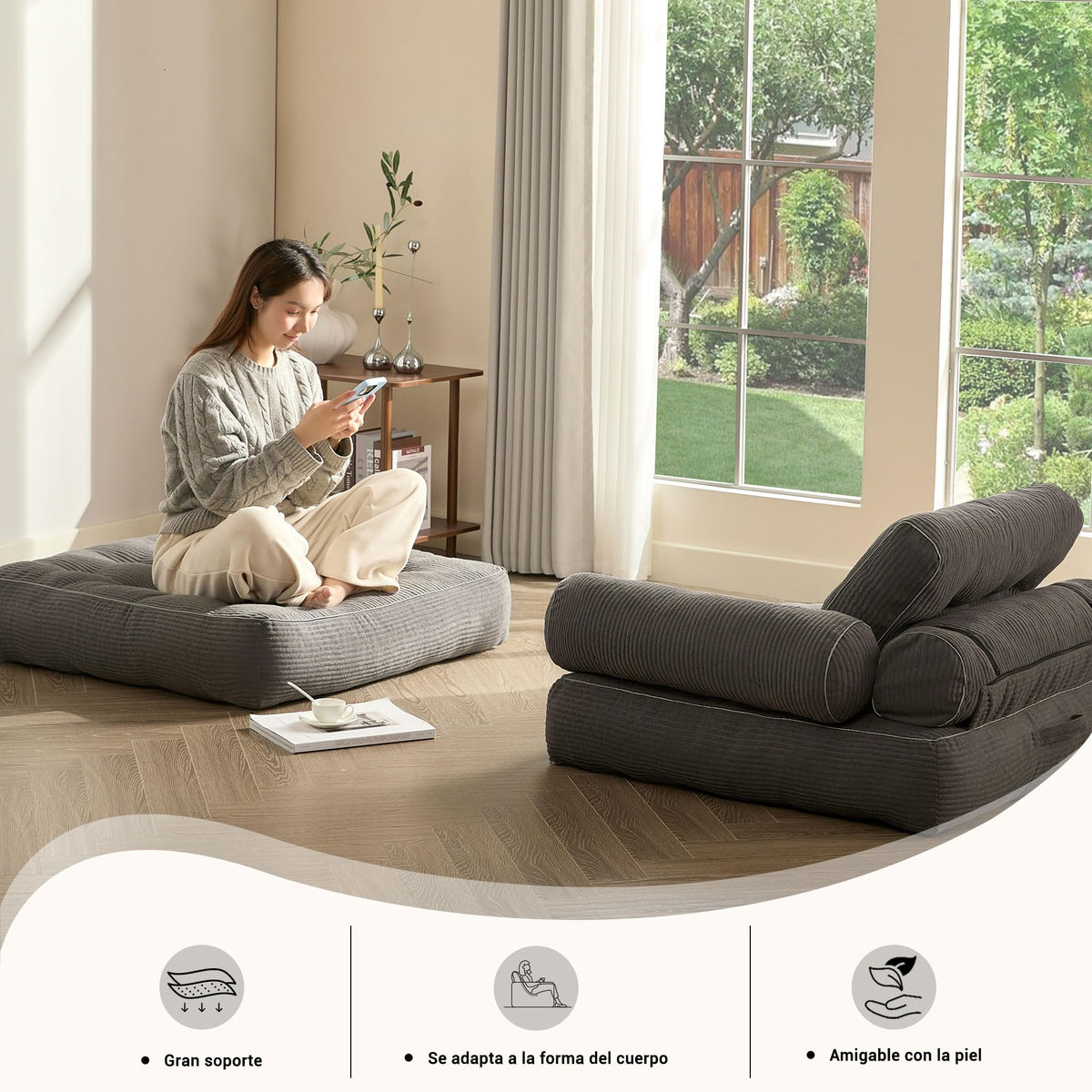 Sofá Convertible 4 en 1, Sofá Cama 1 Plaza, Pana, Negro