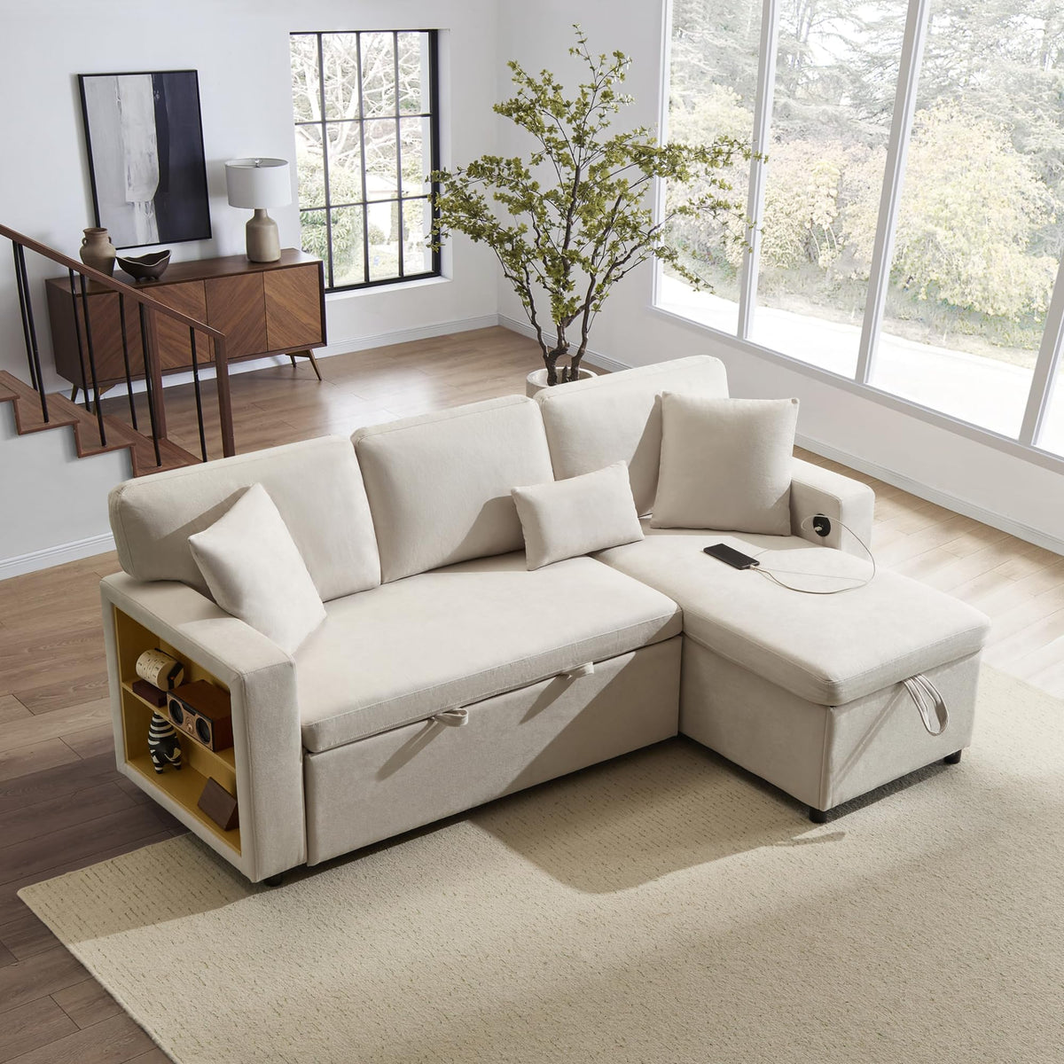 Sofá esquinero extensible en forma de L con puerto USB y portavasos, sofá cama de 4 plazas con función cama, sofá convertible con espacio de almacenamiento y reposabrazos, cojines, chenilla