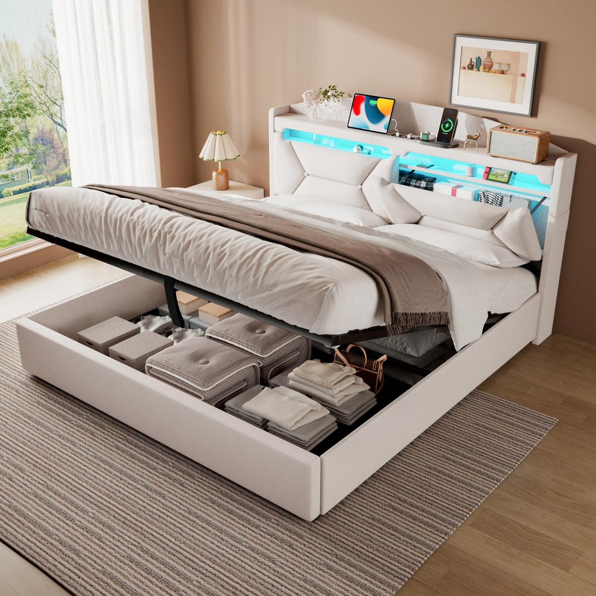Cama 90x200 cm con Almacenamiento, Cama Individual con LED, Puertos USB y Type-C, Somier 90x200 Hidráulico, Camas Juveniles Camas Infantiles con Cabecero, Lino, Beige, Colchón No Incluido