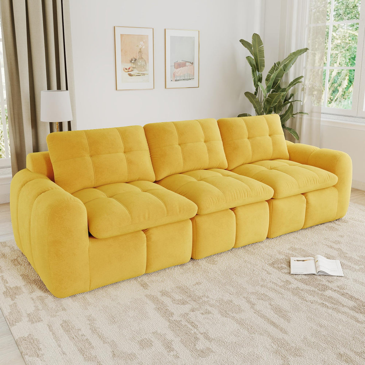 Sofá de 3 plazas con 1 taburete chenilla beige