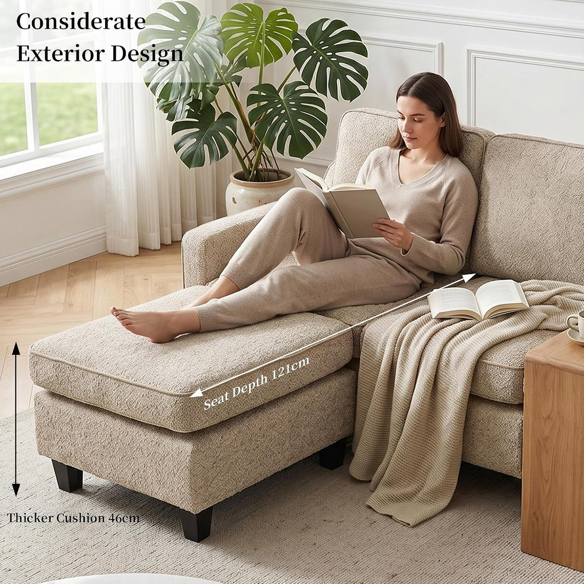 Sofá de 3 plazas con taburete, sofá flexible en forma de L como sofá esquinero, funda de tela suave con acolchado de espuma de alta densidad, sofá de salón para sala de estar, dormitorio, oficina y