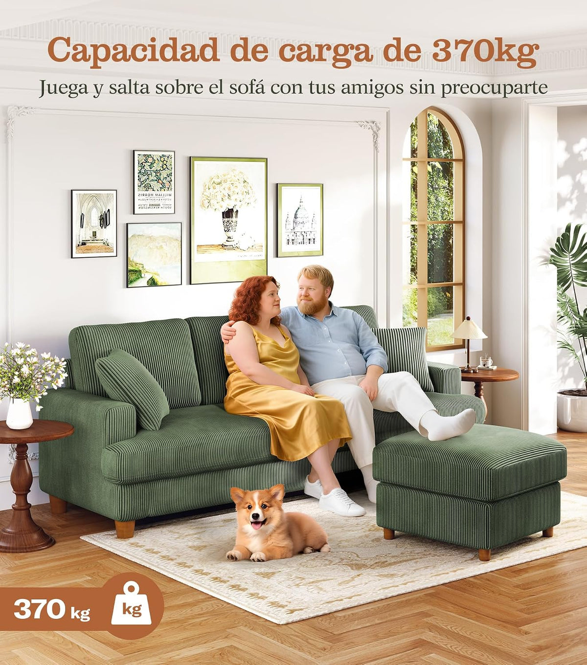 Kidirect Sofá de Pana de 3 plazas, 221 cm cómodo sofá de 53 cm Asientos Extra Profundos, sofá de salón Montaje sin Herramientas sofá Grande con 2 Cojines, sofá Moderno para Oficina,Verde Bosque
