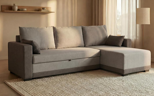 BUDWING Leah Sofá Cama Esquinero 3 Plazas - Chaise Longue Reversible y 2 Cojines Decorativos – Tapizado en Poliéster – Estilo Moderno – 233x124x69 cm – Gris Bicolor