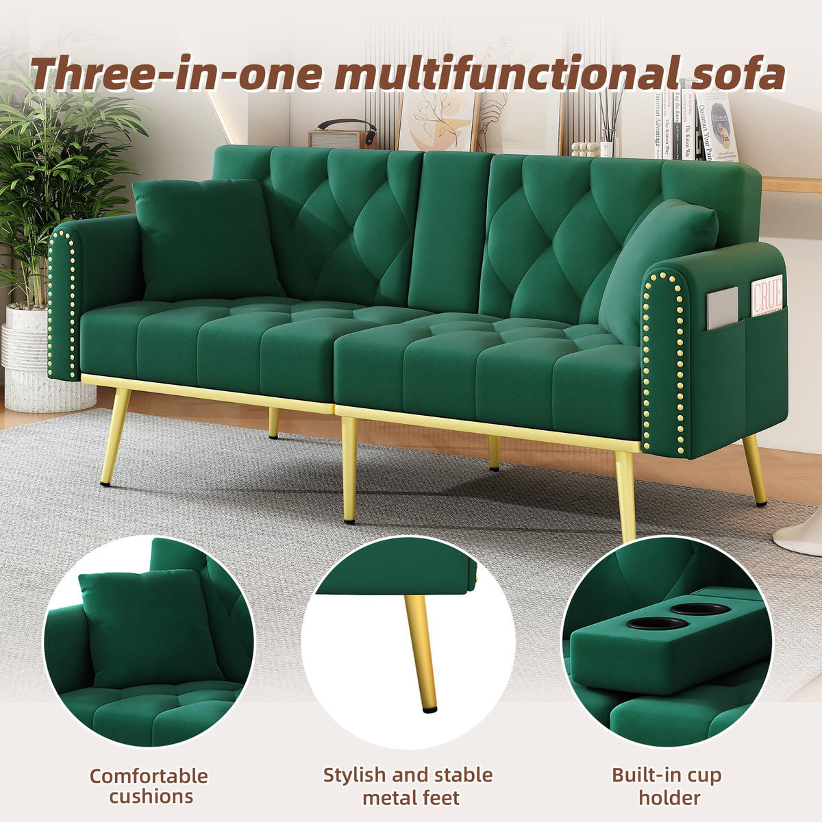 Azkoeesy Sofá cama de 2 plazas con soporte para bebidas, 175 cm, sofá cama con función de dormir, respaldo ajustable en 3 posiciones, patas metálicas doradas y remaches, para sala de estar y cine en