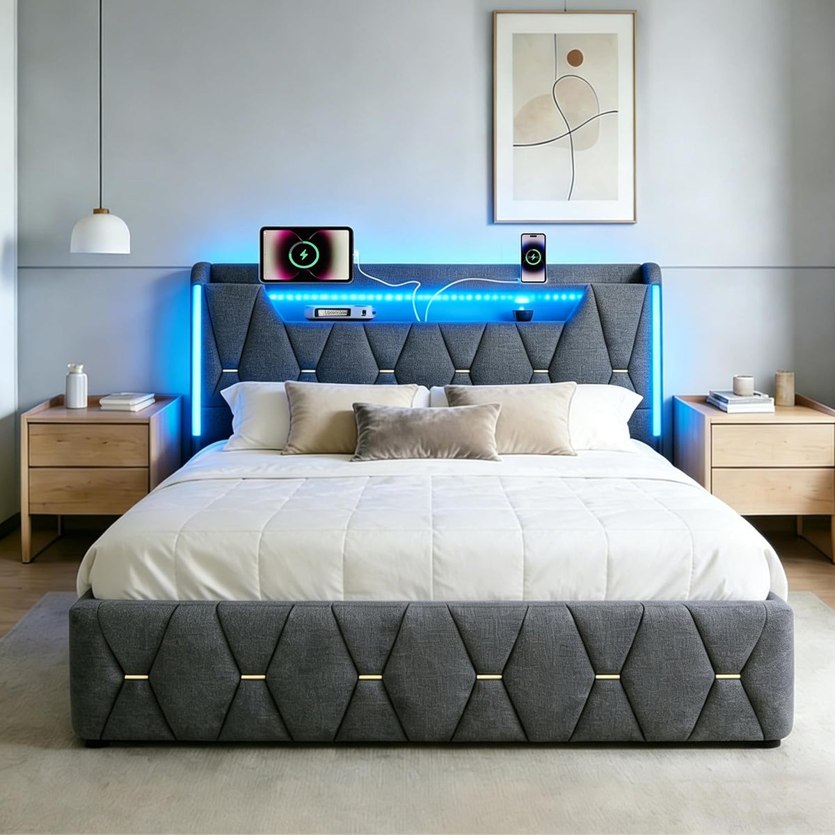 Estructura de Cama 140x200 cm con iluminación LED, Lino, Gris