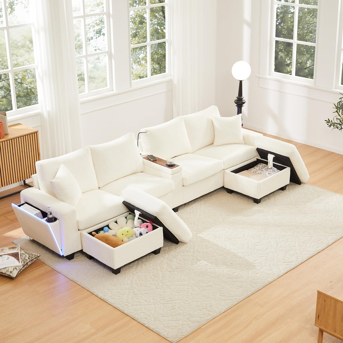 LAKFEW Sofa Cama con Cama Extensible y Taburete Almacenaje, Sofa Rinconera con USB, Lámpara de Lectura, Mesa Plegable con 2 Posavasos, 205x205x85 cm, Gris