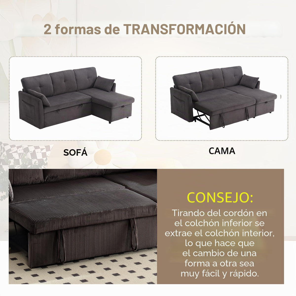 Lubvtti Sofá cama de 3 plazas moderno con función de cama, con espacio de almacenamiento, cargador USB, reposabrazos portaobjetos y 2 cojines, sofá de esquina en L, sofá de 3 plazas, chenilla (C-gris)