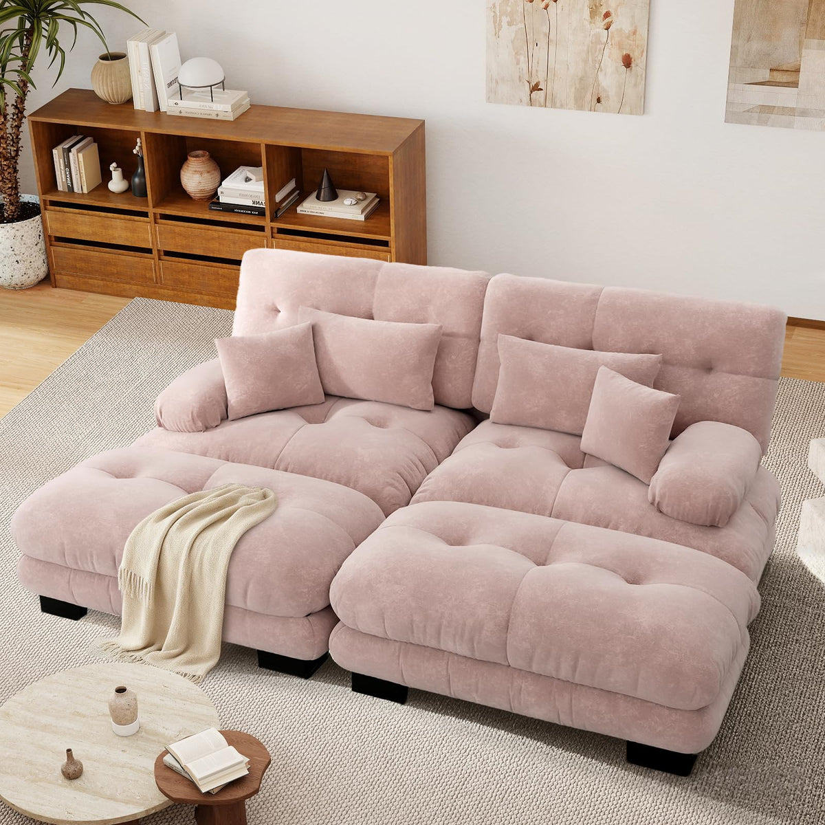 SoarFlash Sofá U Modular de 4 plazas para salón Moderno, sofá Nube de Tela Chenille con reposabrazos, Color Amarillo, 145×406 cm