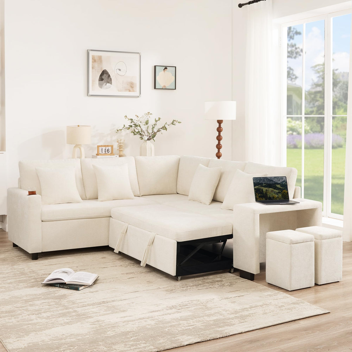 Sofá moderno de chenilla en forma de U con chaise longue, sofá esquinero de 4 plazas con espacio de almacenamiento, puerto USB y tipo C, modular, con soporte para bebidas y cojines suaves