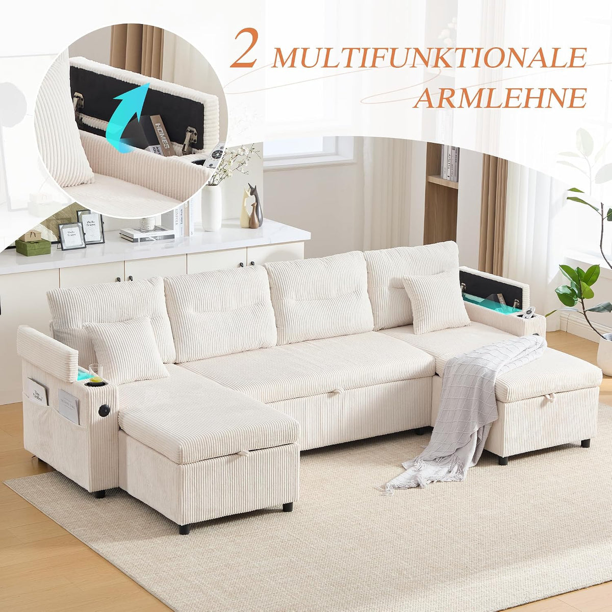 Dolamaní Sofá moderno de 4 plazas de tela de lino con espacio de almacenamiento y función de dormir, sofá cama con cajonera extensible en forma de L para casa y salón (beige B)