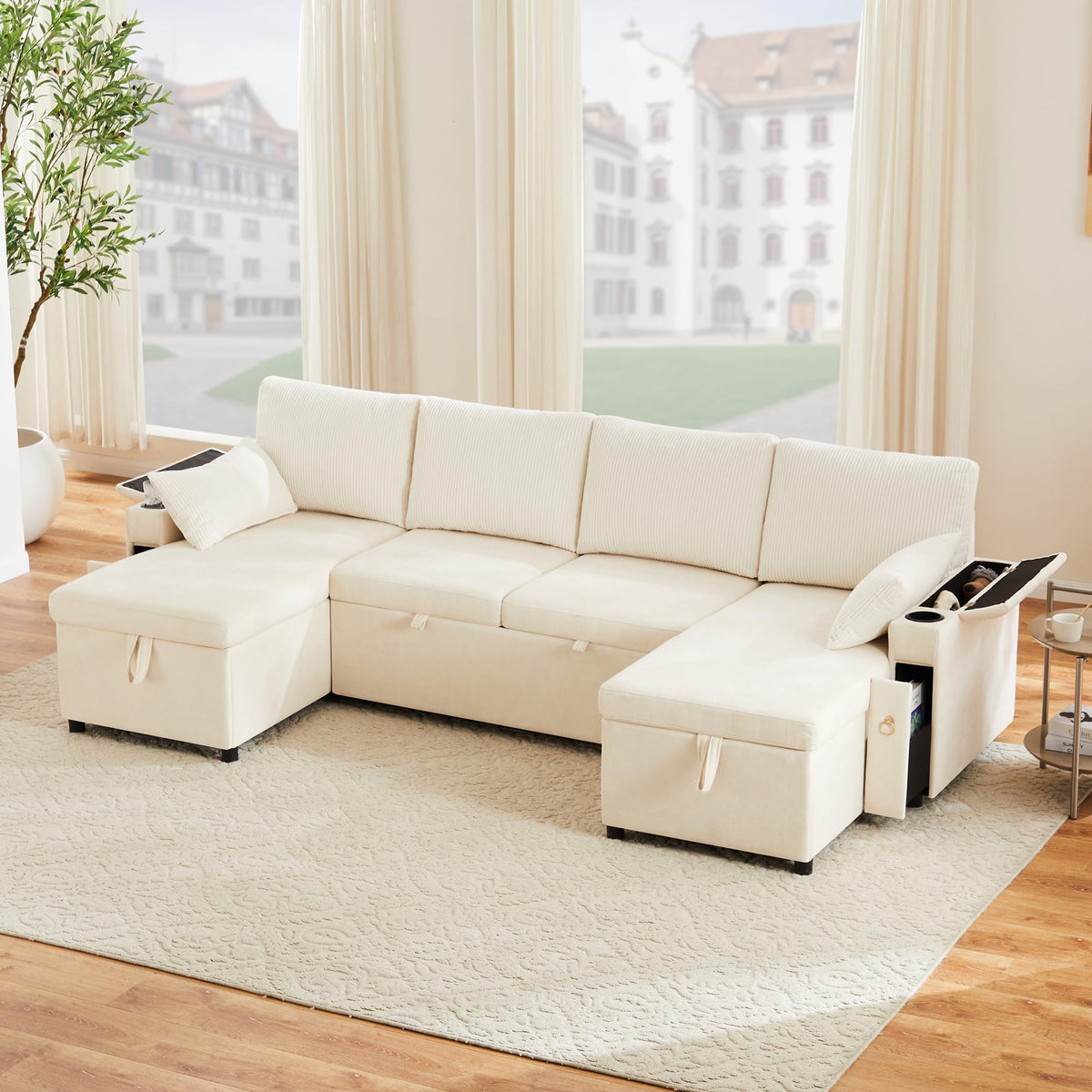 Kebnor Sofá cama de cuatro plazas en forma de U con soporte para bebidas, sofá de esquina con espacio de almacenamiento y función de descanso. Incluye soporte para bebidas y almohadas. Sofá