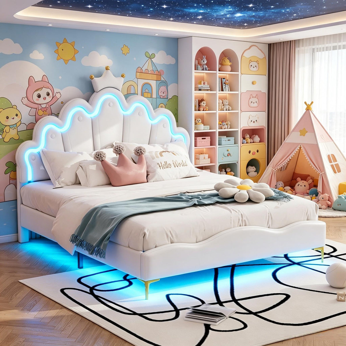 Cama Infantil tapizada 140 x 200 cm con LED, Cama tapizada para niños 140 x 200 con cabecera Ajustable Marco de Camas, Camas de Princesa para Niña en Forma de Corona con Somier(Rosa, 140 x 200)