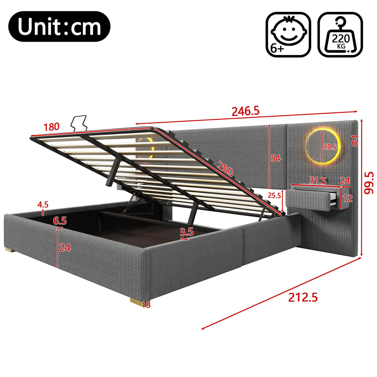Moimhear Cama tapizada de terciopelo, cabecero LED, conectores USB, almacenamiento hidráulico