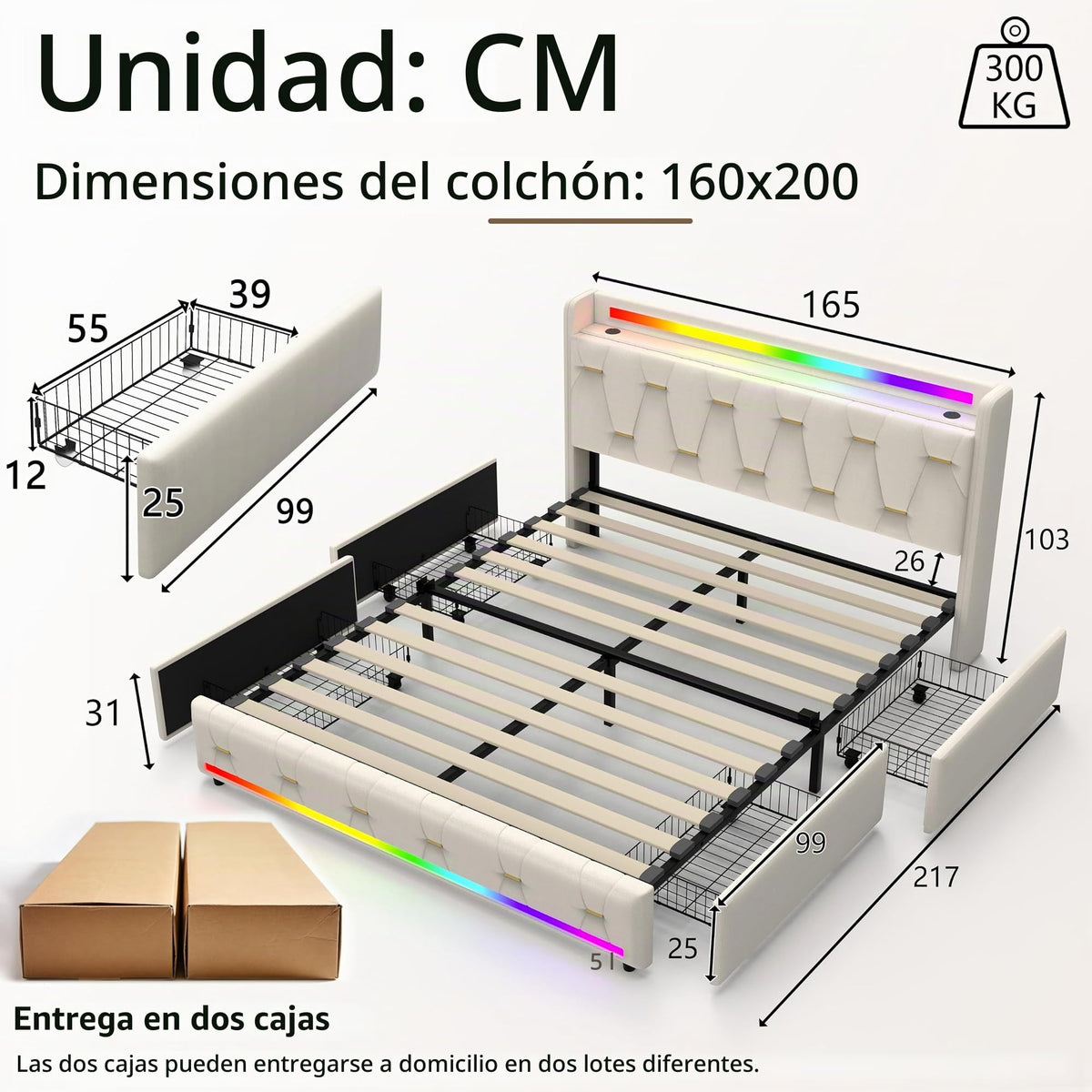 Estructura de Cama 140x200 cm con iluminación LED, Lino, Gris