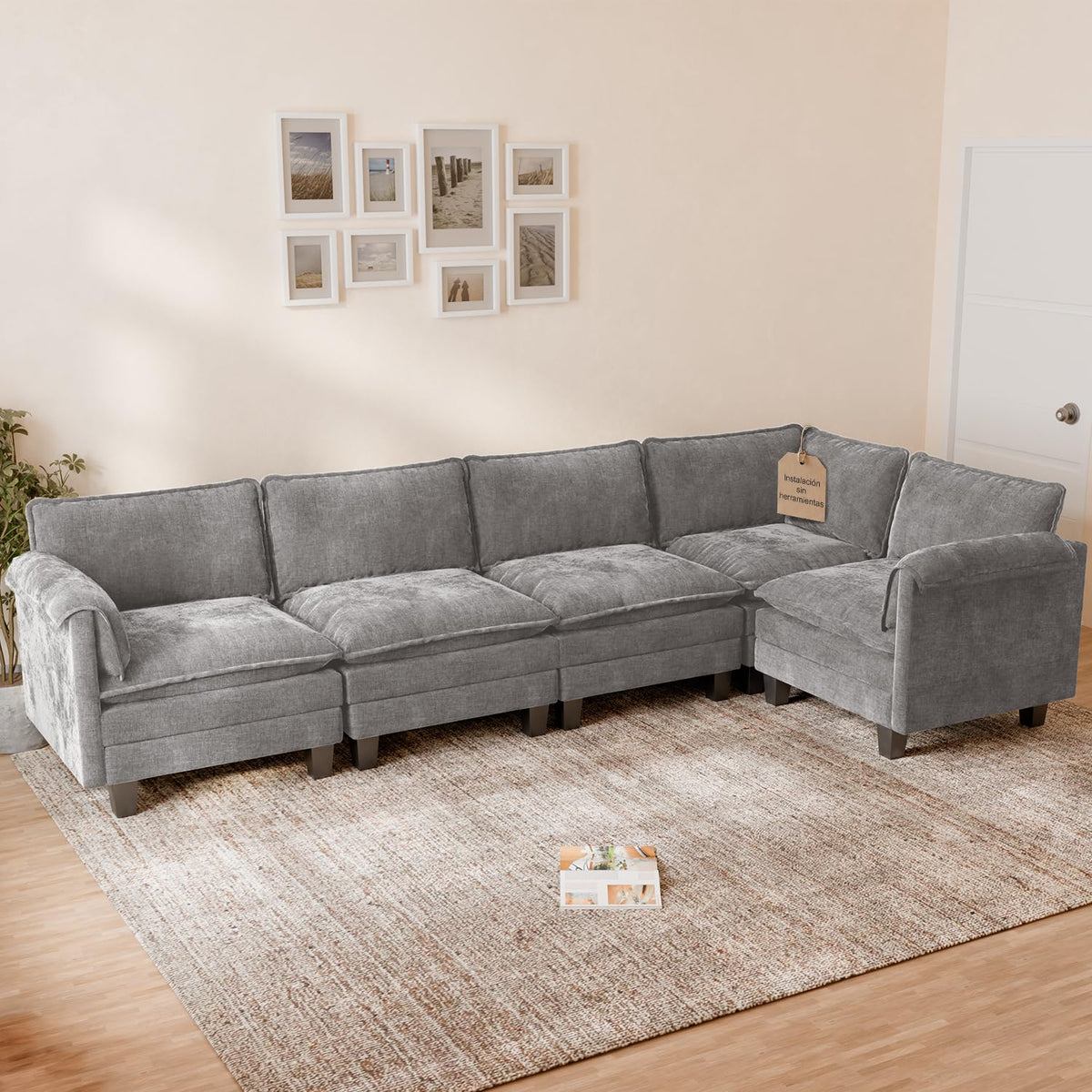 ELUCHANG Sofá Nube Modular 256cm, Sofá de 3 Plazas con Asiento Profundo 62cm, Montaje sin Herramientas, Sofá Moderno de Chenilla para Salón y Habitación, Gris Perla