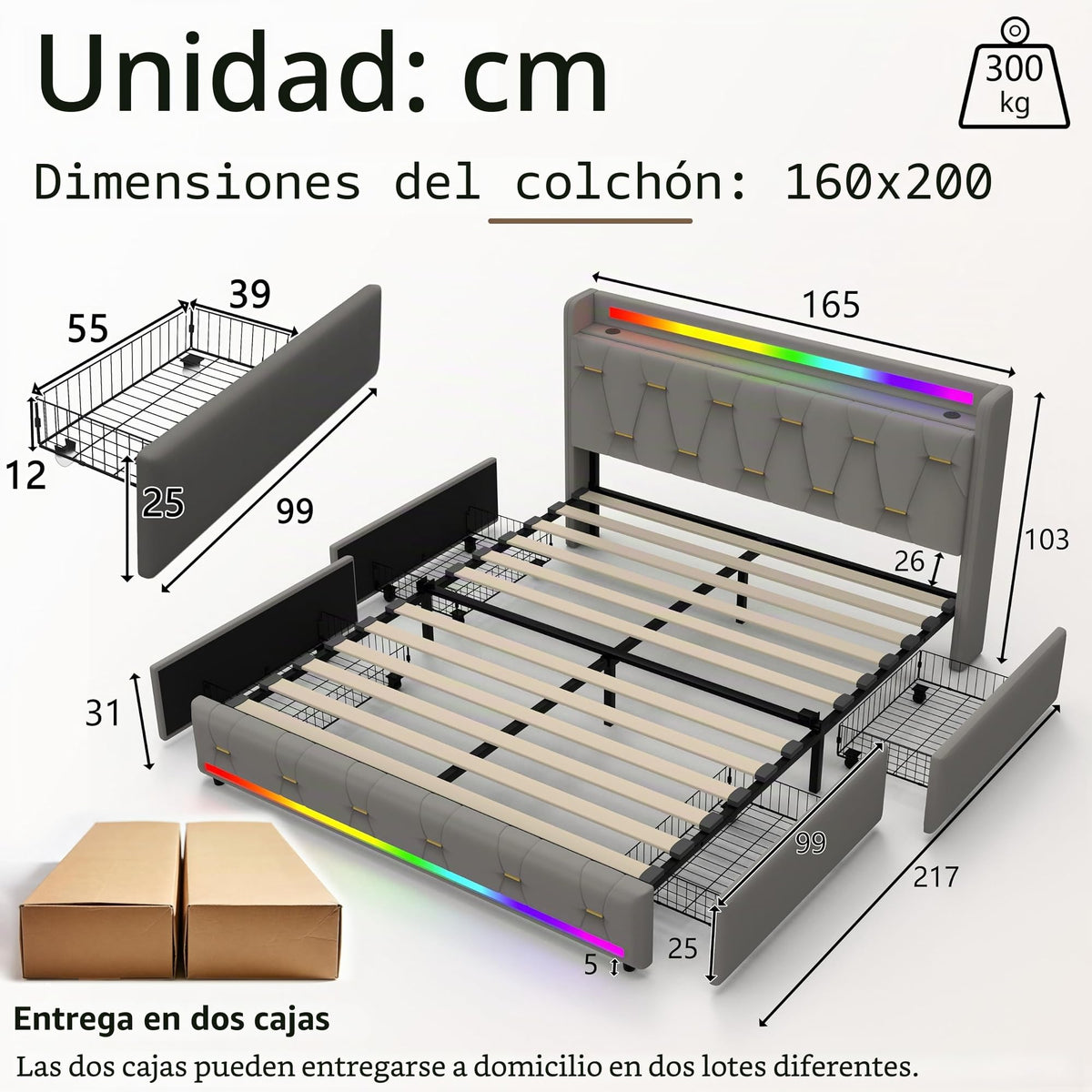 Estructura de Cama 140x200 cm con iluminación LED, Lino, Gris