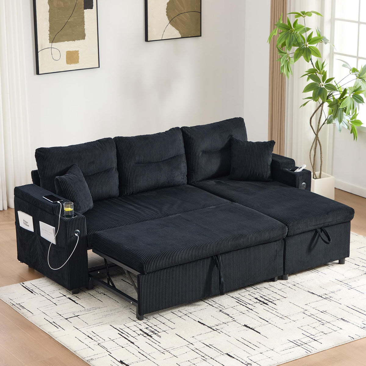 Dolamaní Sofá moderno de 4 plazas de tela de lino con espacio de almacenamiento y función de dormir, sofá cama con cajonera extensible en forma de L para casa y salón (beige B)