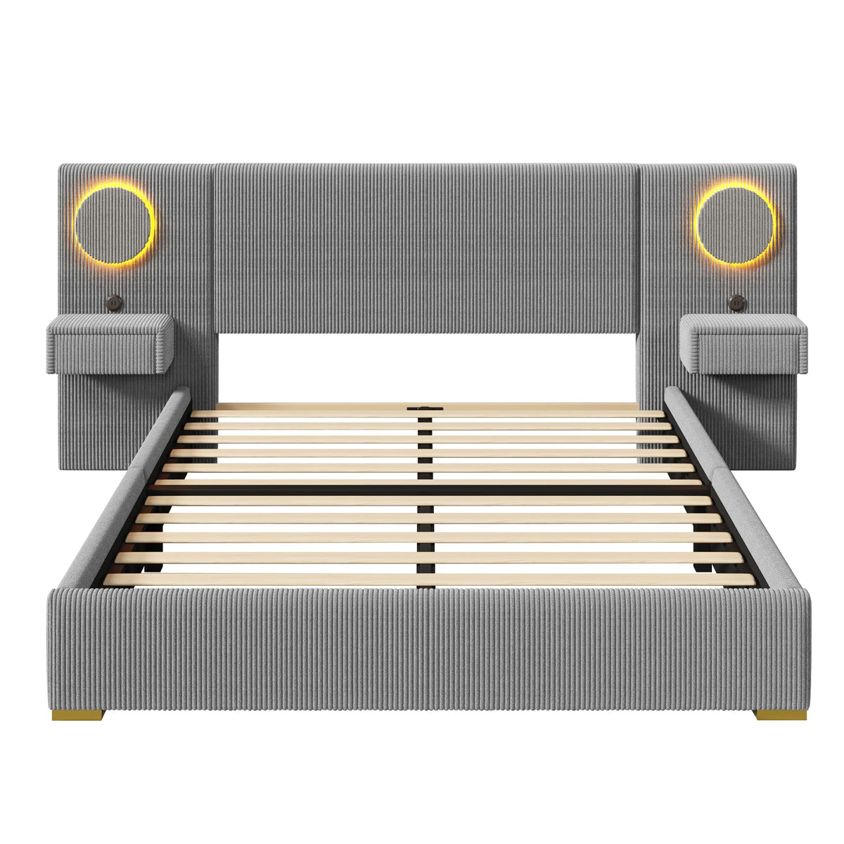 Moimhear Cama tapizada de terciopelo, cabecero LED, conectores USB, almacenamiento hidráulico