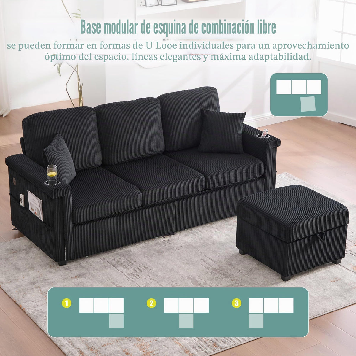 Lubvtti Sofá cama de 3 plazas moderno con función de cama, con espacio de almacenamiento, cargador USB, reposabrazos portaobjetos y 2 cojines, sofá de esquina en L, sofá de 3 plazas, chenilla (C-gris)