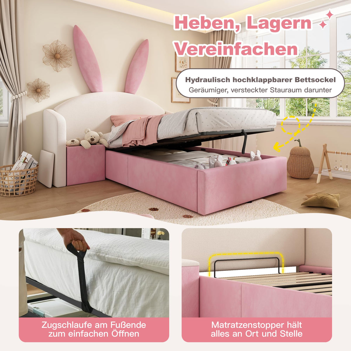 Kebnor Cama tapizada de terciopelo, orejas de conejo, cabecero con espacio de almacenamiento y mesita de noche, cama juvenil de diseño (sin colchón) (beis, 90 x 190 cm)