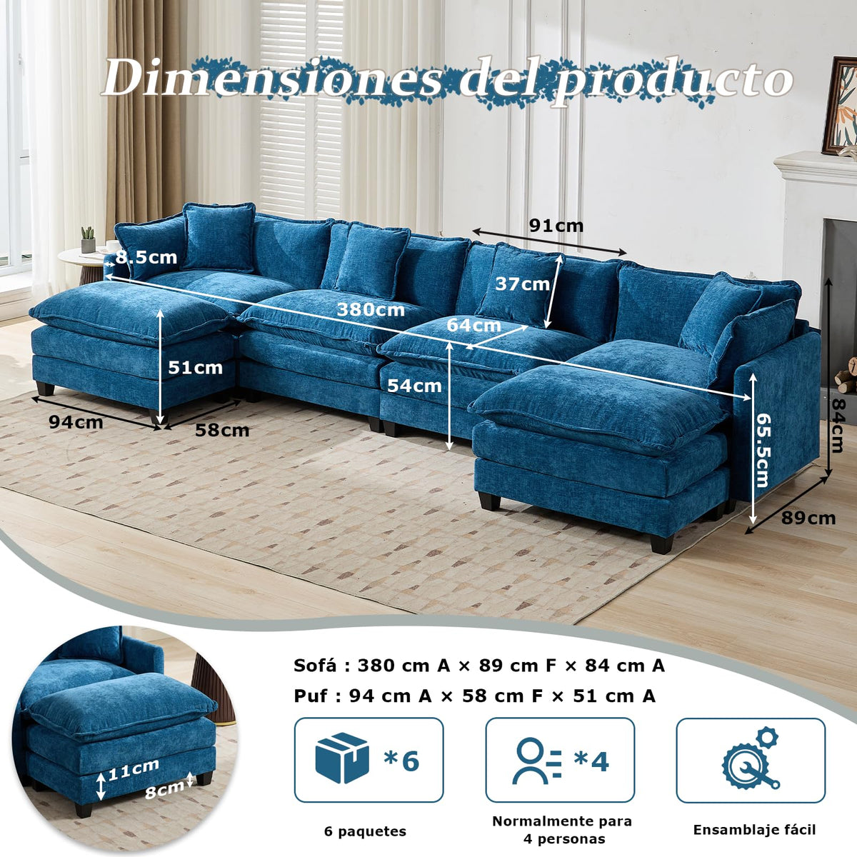 Sofá de salón modular 4 plazas 380cm, chenilla azul con cojines dobles