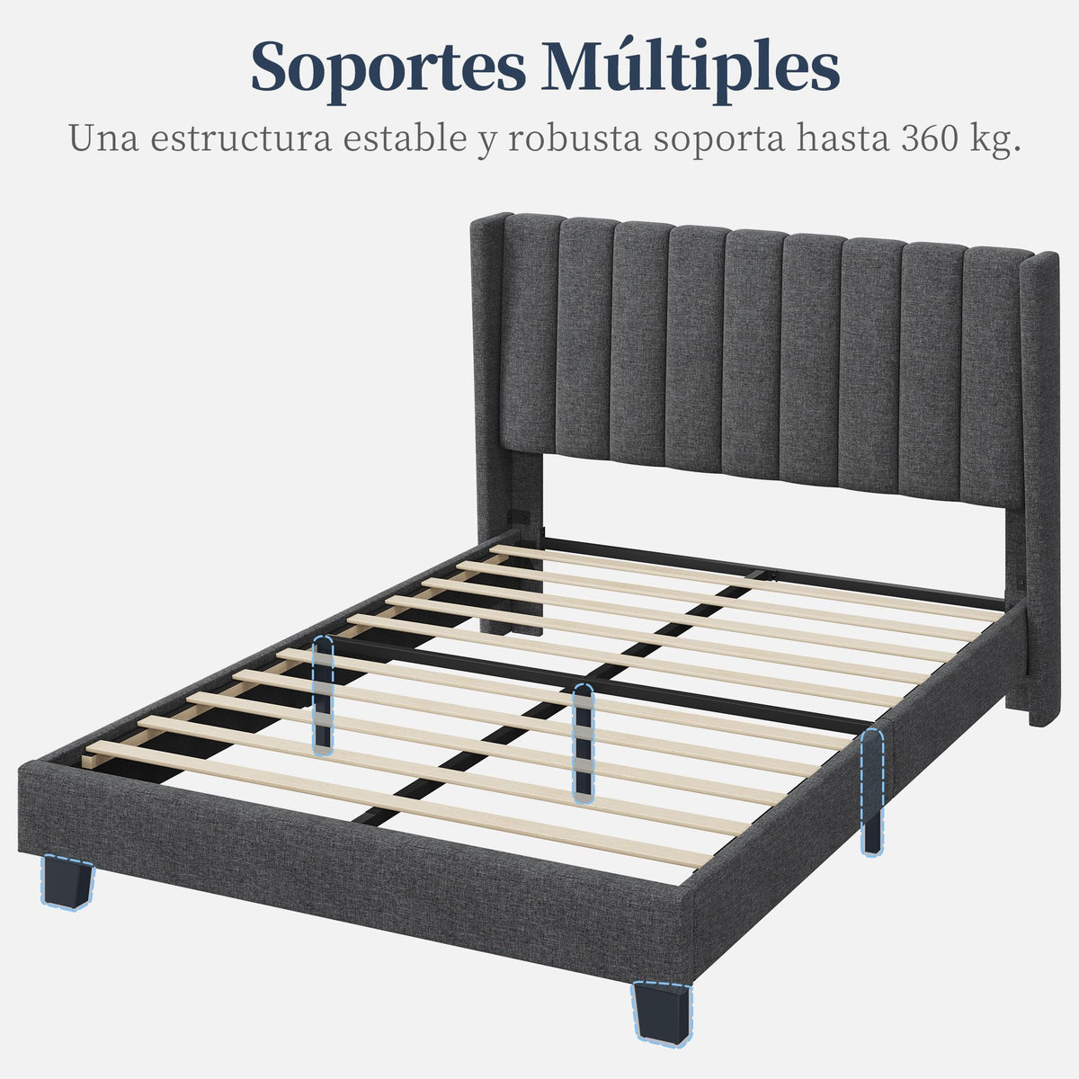Yaheetech Cama Doble Tapizada 140 x 200cm con Somier de Lamas con Cabecero Rayado Moderno Estructura de Madera y Metal Marco de Cama para Adultos 2 Personas Beige