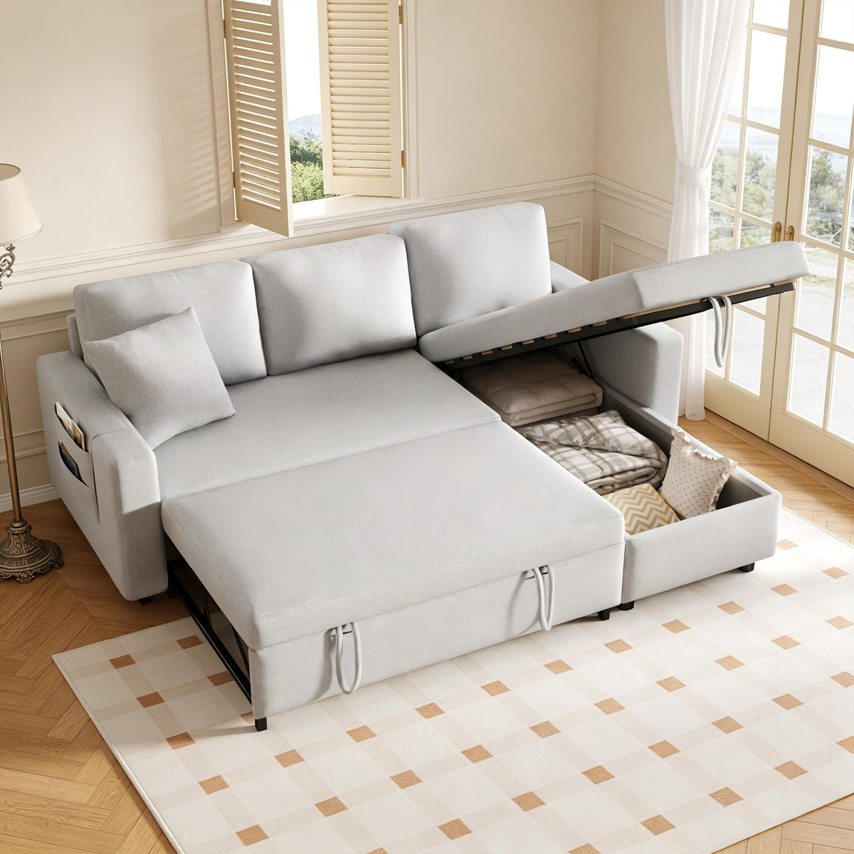 Sofá esquinero extensible en forma de L con puerto USB y portavasos, sofá cama de 4 plazas con función cama, sofá convertible con espacio de almacenamiento y reposabrazos, cojines, chenilla