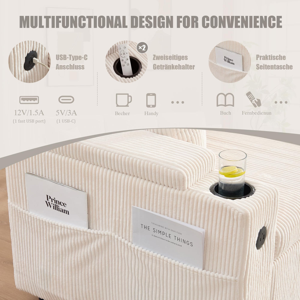 Dolamaní Sofá moderno de 4 plazas de tela de lino con espacio de almacenamiento y función de dormir, sofá cama con cajonera extensible en forma de L para casa y salón (beige B)