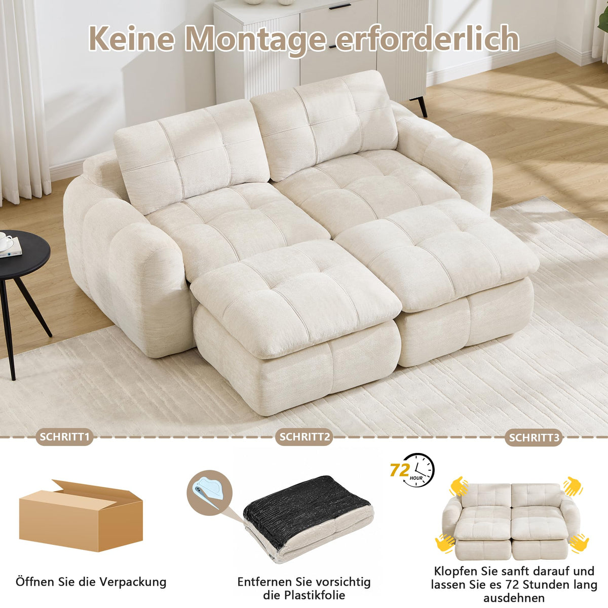 Sofá de 3 plazas con 1 taburete chenilla beige