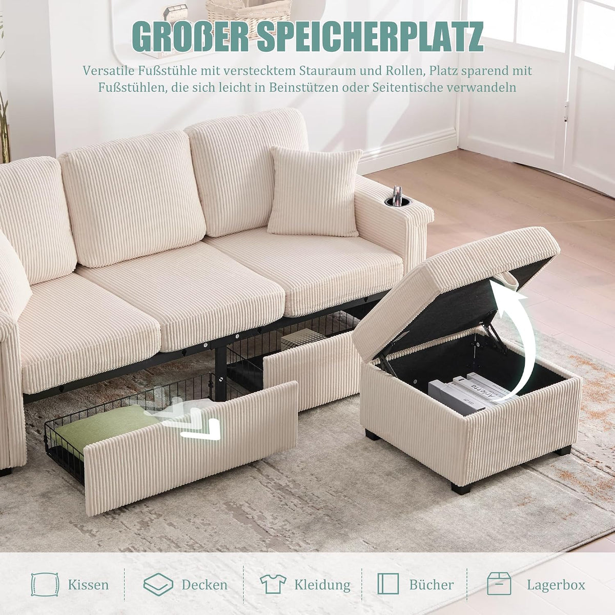 Dolamaní Sofá de terciopelo de 3 plazas con 2 cajones, soporte para bebidas, bolsillos laterales y reposapiés para sala de estar, dormitorio y oficina (beige)