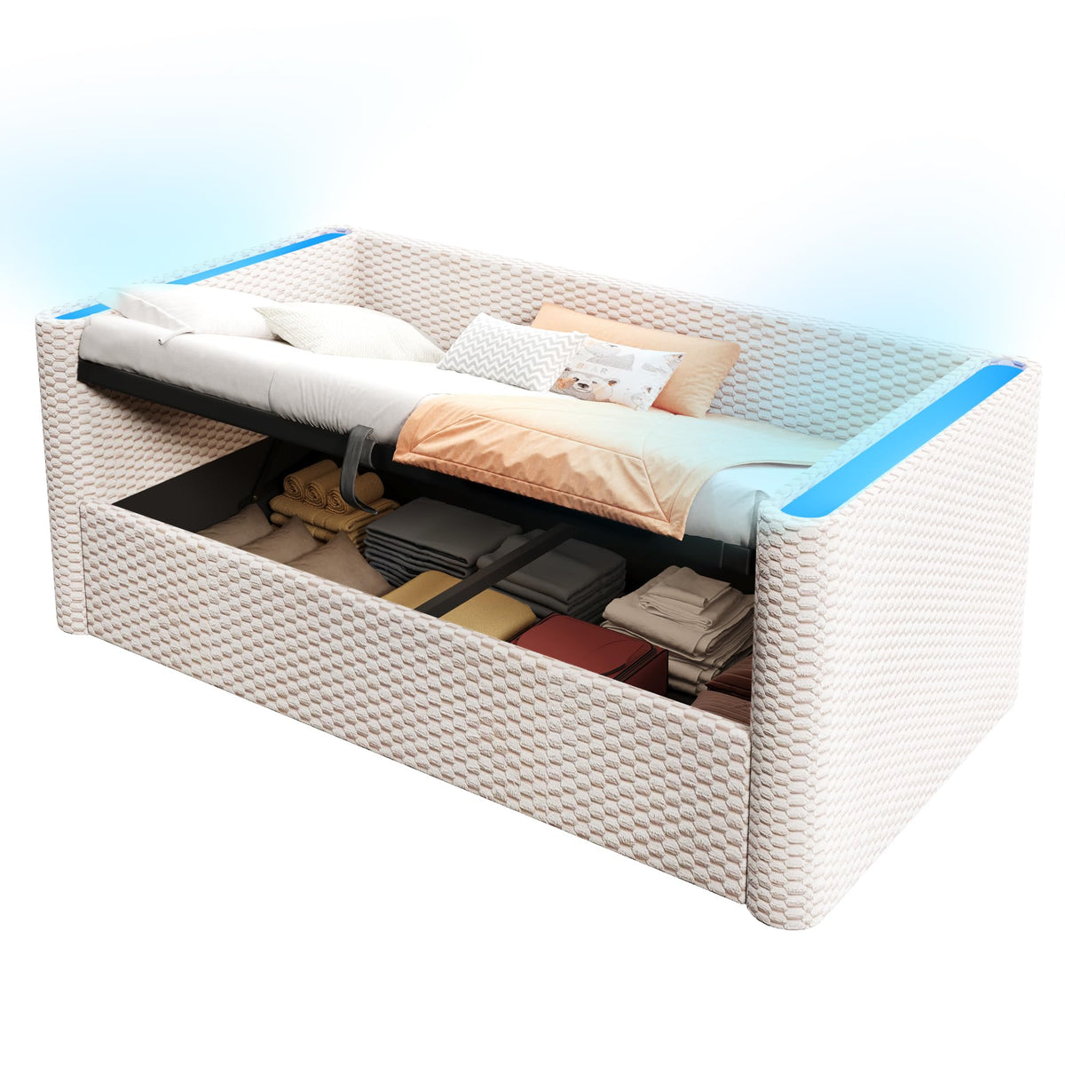 Moimhear Cama de día, diván cama, sofá cama, diseño de cama extensible multifuncional con tira de luz LED, somier de listones (sin colchón), terciopelo (beis, 90 x 200 cm+180 x 200 cm)