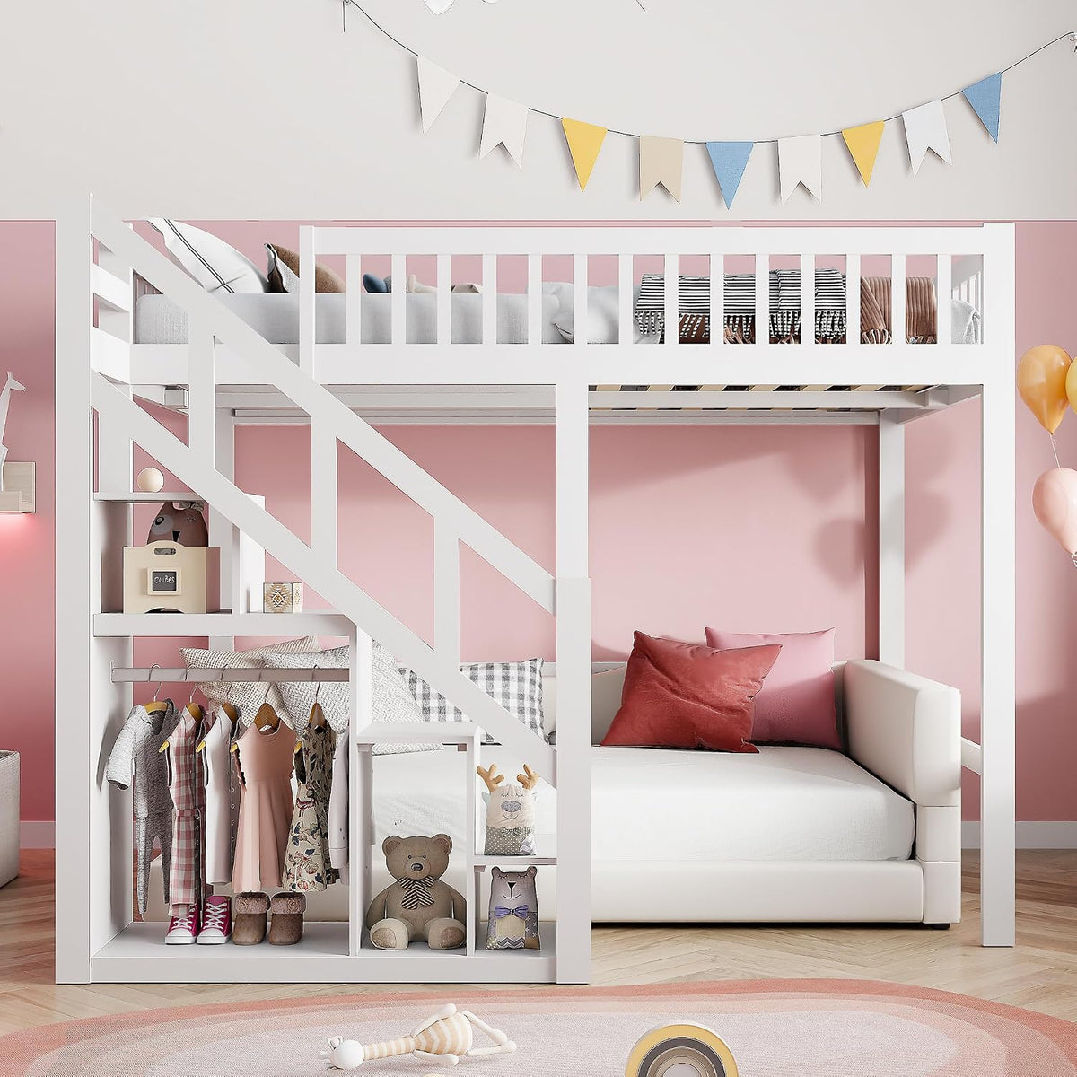 Cama alta, cama infantil, marco de cama con escalera, diseño de valla alta, almacenamiento, somier de láminas y zona de suspensión abierta, para niños y adolescentes, blanco (90x200 cm)