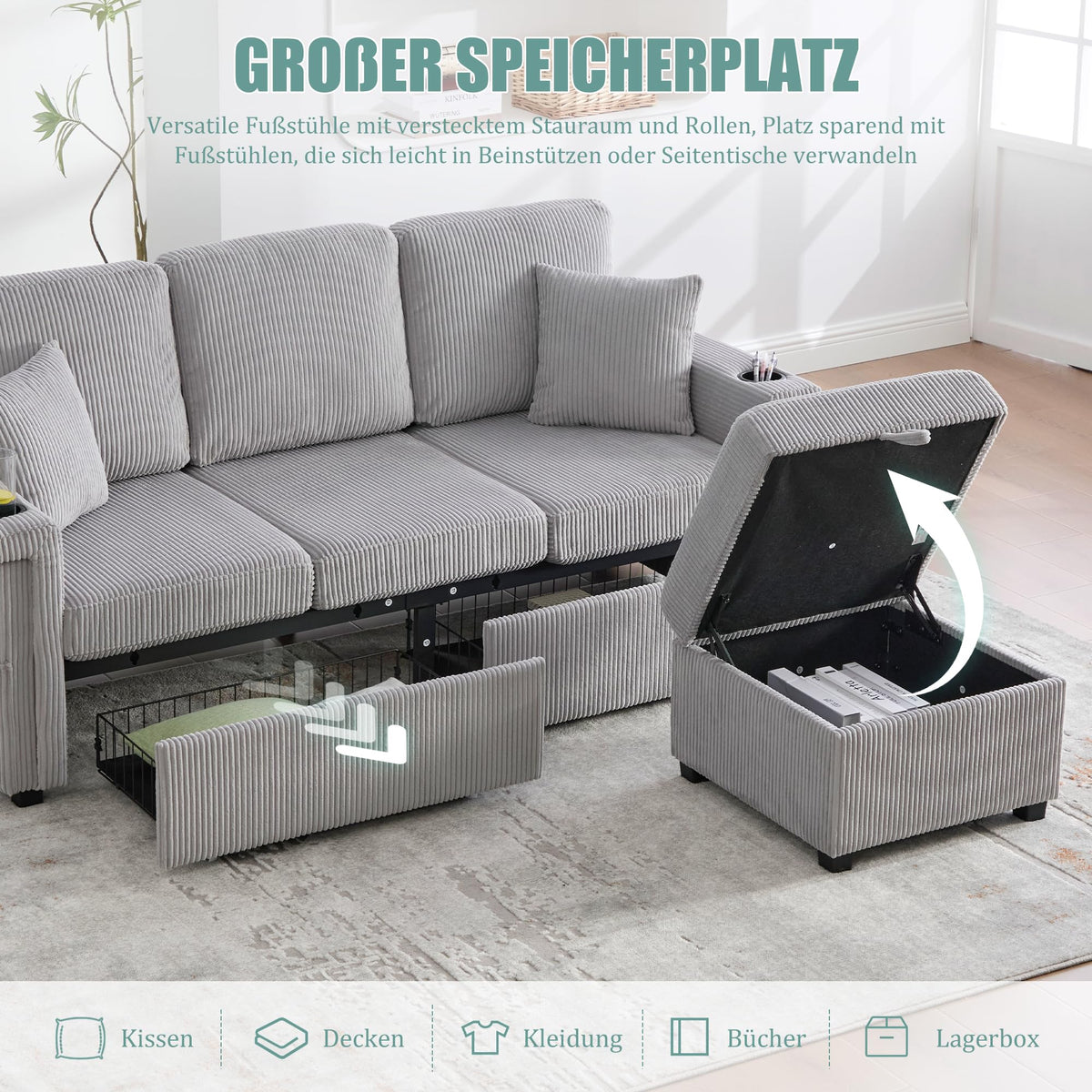 Dolamaní Sofá de terciopelo de 3 plazas con 2 cajones, soporte para bebidas, bolsillos laterales y reposapiés para sala de estar, dormitorio y oficina (beige)