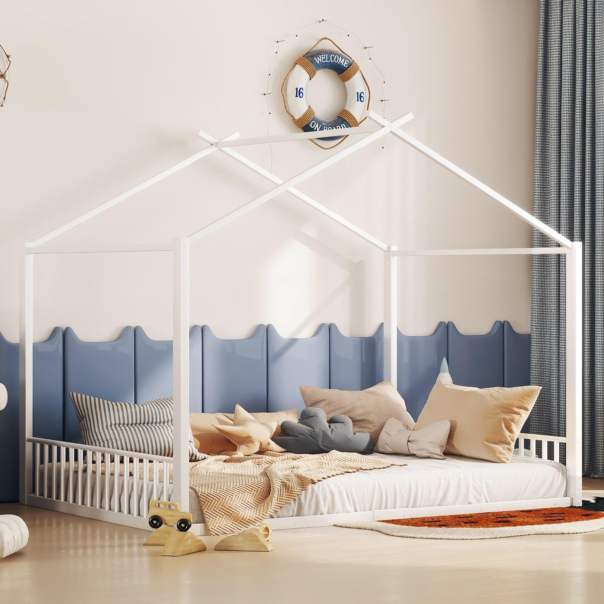Cama infantil de 90 x 200 cm, dos camas de 90 cm con protección anticaídas, cama doble con modelado de casa, marco de hierro, color blanco, ideal para 2 niños