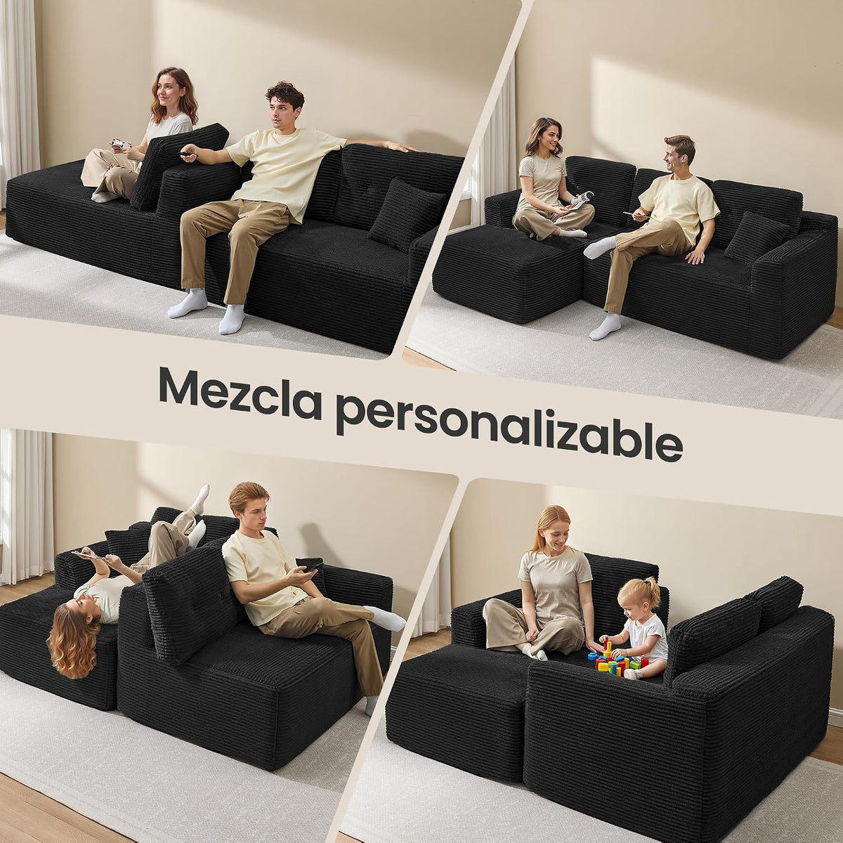 VASAGLE Sofá con Chaise Longue, Esquinero de Pana, Diseño Modular de 3 Plazas, 242 x 152 x 73 cm, Negro, para Salón, Colección Camila LCS183B101