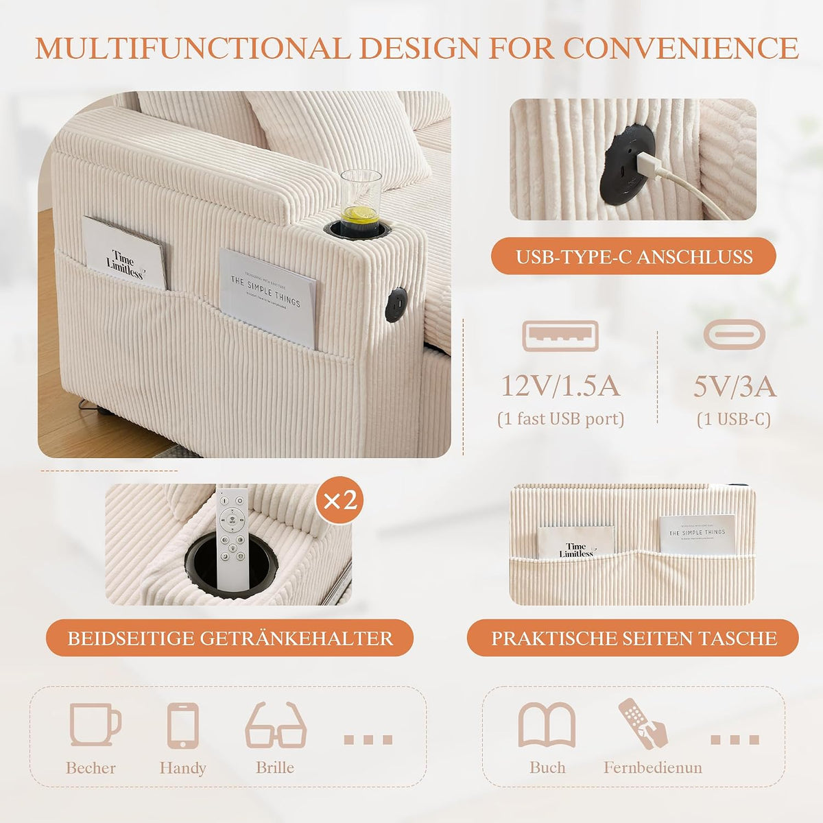 Dolamaní Sofá moderno de 4 plazas de tela de lino con espacio de almacenamiento y función de dormir, sofá cama con cajonera extensible en forma de L para casa y salón (beige B)