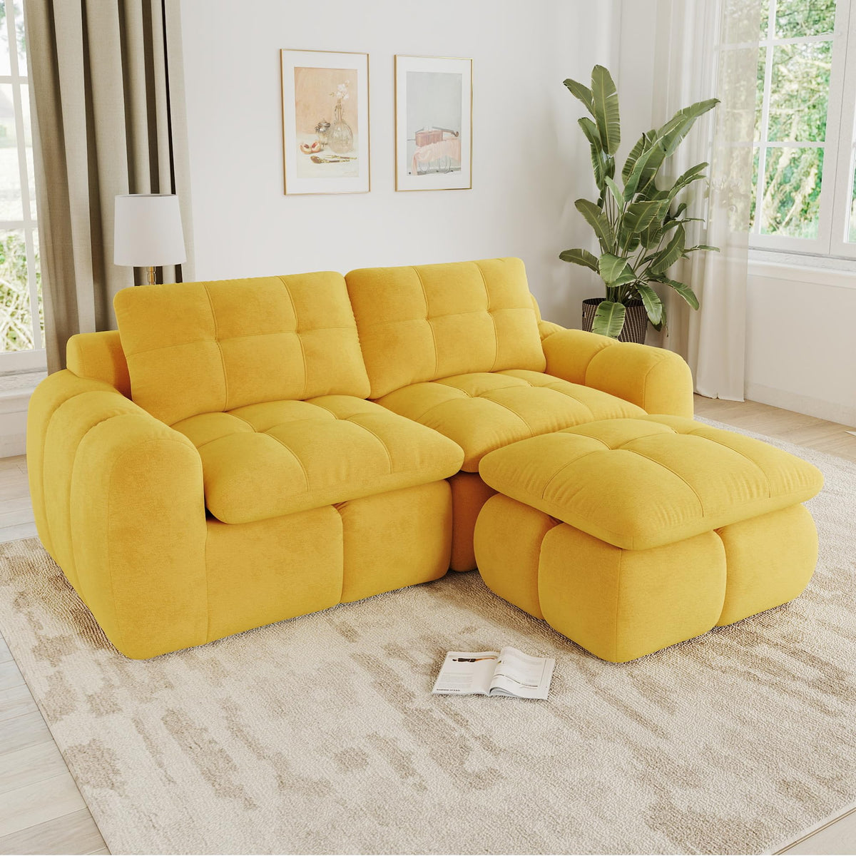 Sofá de 3 plazas con 1 taburete chenilla beige