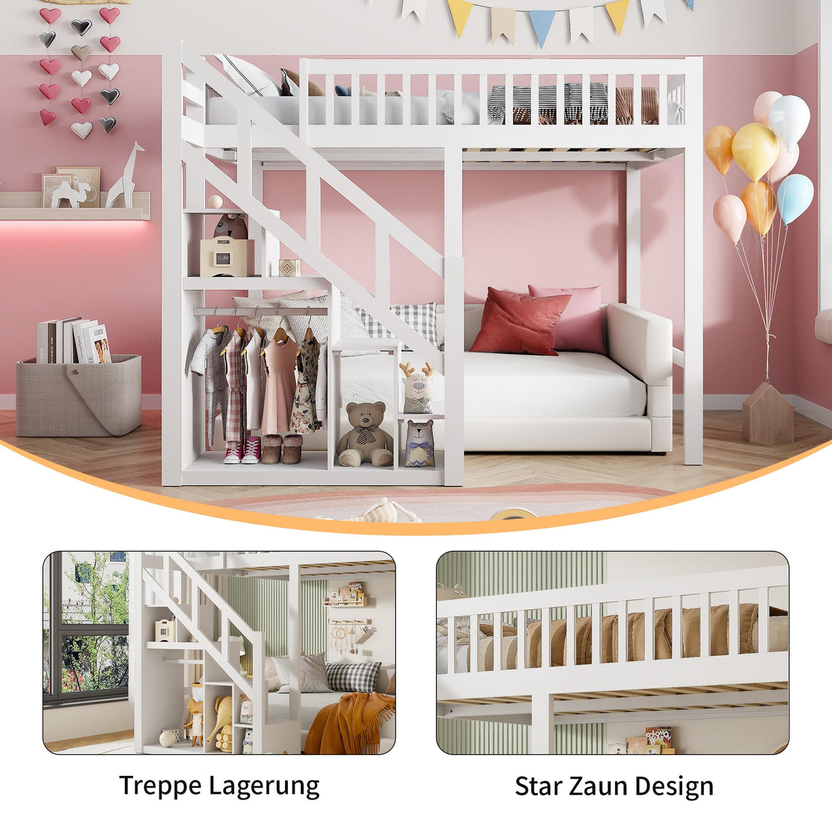 Cama alta, cama infantil, marco de cama con escalera, diseño de valla alta, almacenamiento, somier de láminas y zona de suspensión abierta, para niños y adolescentes, blanco (90x200 cm)