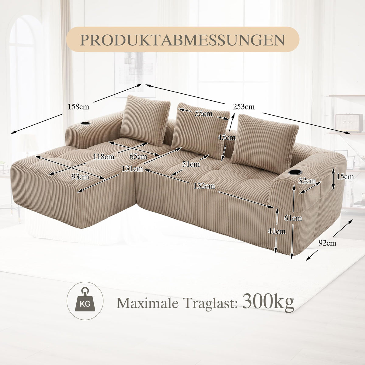 Dolamaní Sofá compacto de 3 plazas de pana con 3 cojines, sofá esquinero en forma de L con función de dormir, suave y modular, asiento extraprofundo, sin montaje, para salón (gris oscuro)