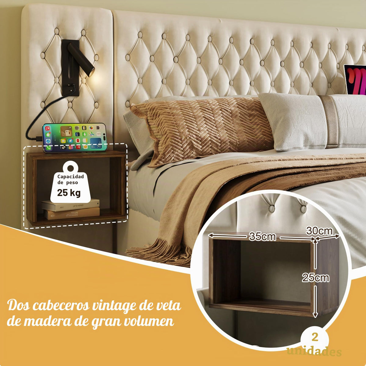 Juego completo de cama para dormitorio, cama doble tapizada de 160 x 200 cm, con 2 mesitas de noche y 4 cajones, cabecero de luz de lectura con función de carga USB, terciopelo, sin colchón