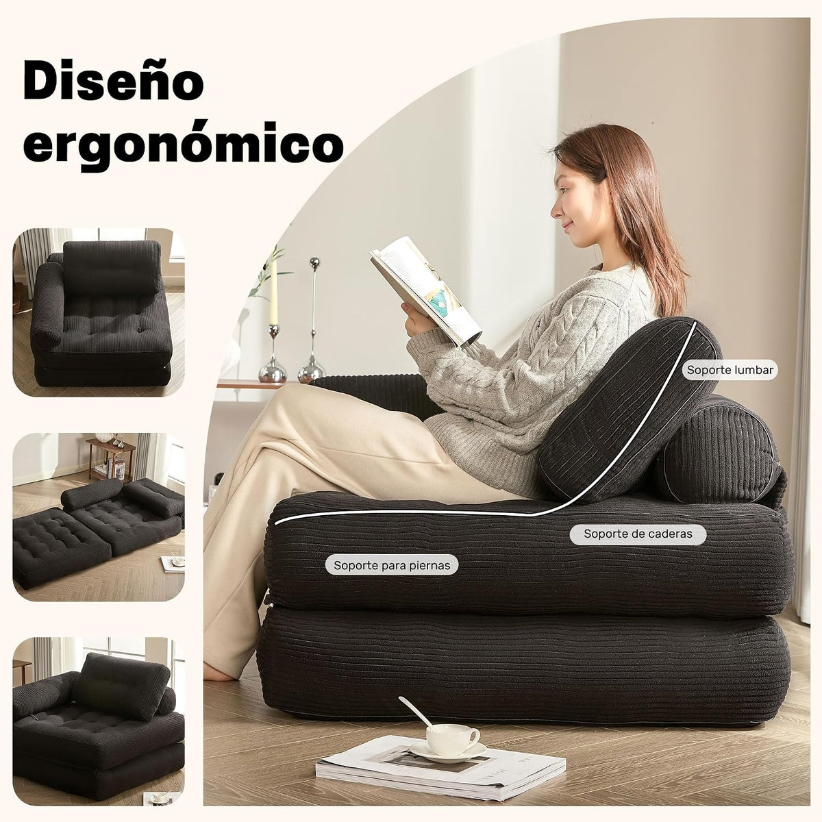 Sofá Convertible 4 en 1, Sofá Cama 1 Plaza, Pana, Negro