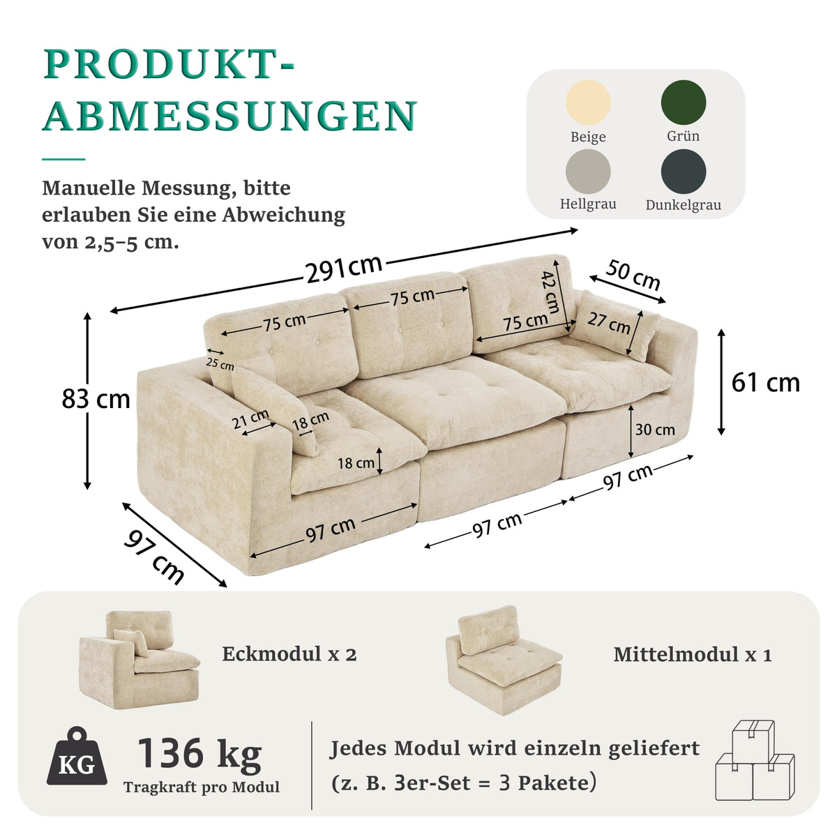 Sofá modular de 3 plazas con función de dormir, asiento extra profundo, felpilla para el hogar, sofá sin marco, sofá cama flexible para salón, verde