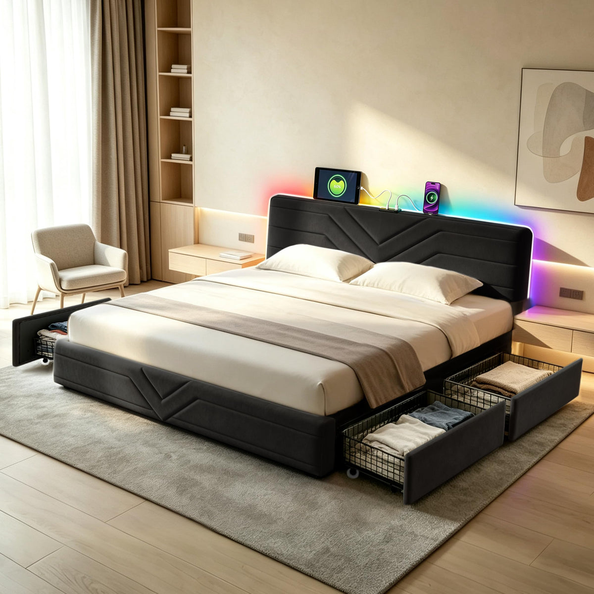 Armazón de Cama de Cuero 140x200cm con luz LED, Blanco