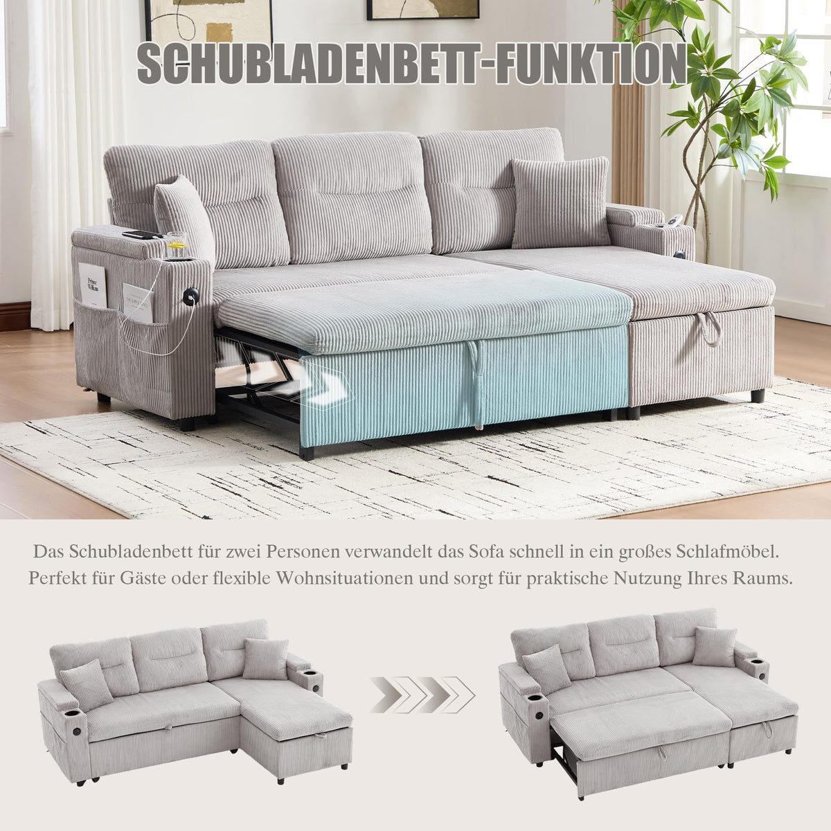 Dolamaní Sofá moderno de 4 plazas de tela de lino con espacio de almacenamiento y función de dormir, sofá cama con cajonera extensible en forma de L para casa y salón (beige B)